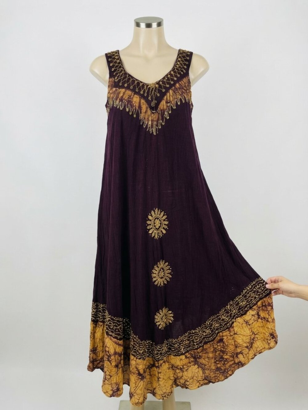 Bohemian Embroidered Maxi Dress in Deep Plum and Mustard